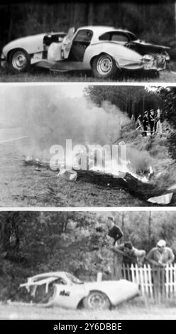 DRAMATISCHER MEHRFACHER UNFALL WÄHREND DES 24-STUNDEN-RENNENS IN LE MANS IN FRANKREICH - CHRISTIAN HEINS STIRBT IM BRENNENDEN AUTO; 18. JUNI 1963 Stockfoto