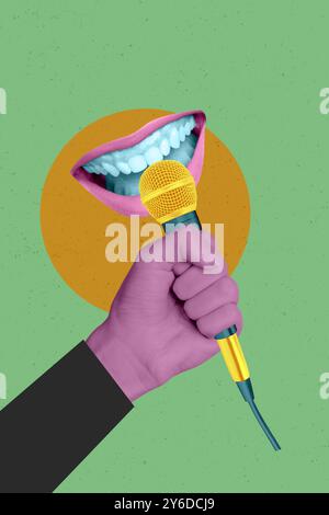 Composite Trend Artwork 3D Skizzenbild Foto Collage von Karikaturbild Frau Mund Lippen Lächeln statt Kopf Hand halten Mikrofon sprechen Stockfoto