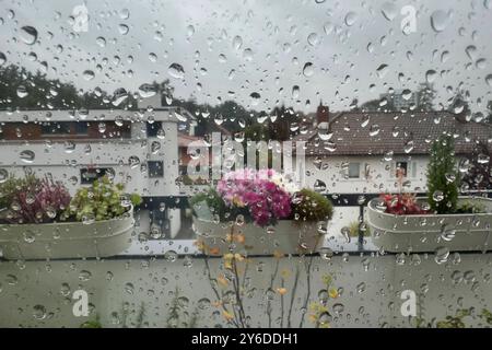 Wetterbild: Regentropfen an prasseln auf eine Fensterscheibe einer Wohnung. *** Wetterbild Regentropfen prasseln auf einer Fensterscheibe einer Wohnung Stockfoto