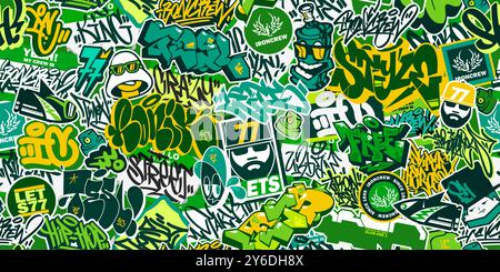 Grüne Abstrakte Nahtlose Bunte Urban Graffiti Sticker Bombing Mit Einigen Street Art Schriftzug Stock Vektor