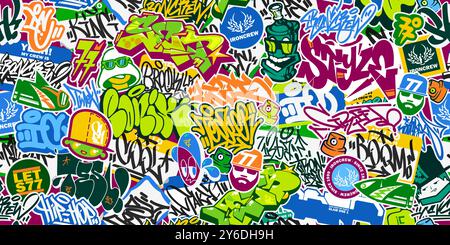 Coole Abstrakte Nahtlose Bunte Urban Graffiti Sticker Bombing Mit Etwas Street Art Schriftzug Stock Vektor