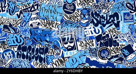 Blaue Abstrakte Nahtlose, Farbenfrohe Aufkleber Im Urban Graffiti-Stil Mit Etwas Street Art Schriftzug Stock Vektor