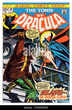 „Das Grab von Dracula“ Marvel Comics Ausgabe 10 veröffentlicht Juli 1973 Story von Marv Wolfman, Cover-Artwork von Gene Colan. Der erste Auftritt von Eveyones Lieblings-daywalker - Klinge, der Vampirjäger! Blade konfrontiert Dracula, um ein Opfer zu retten. Stockfoto