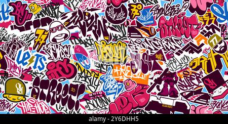 Abstraktes Nahtloses, Farbenfrohes Urban Graffiti Sticker Bombing Mit Etwas Street Art Schriftzug Stock Vektor