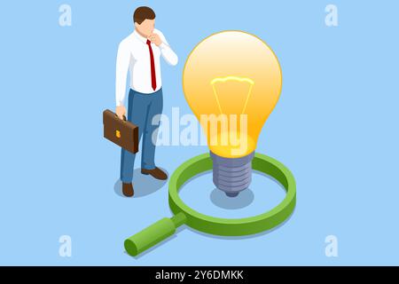 Isometrische Lupe und Glühlampe. Start-up beginnt mit dem Funken einer Idee, wie einer Glühbirne, aber Erfolg hängt von geschäftlichen Meetings ab Stock Vektor