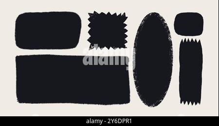 Einfache Formen mit rauen abgerissenen Kanten. Verschiedene Figuren im Grunge-Stil mit gerissenem Rand. Schwarze Vektorcollage zerrissenes Papierstück oder Vintage-Farbfleck Stock Vektor