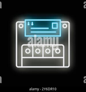 Neonsymbol einer Diskette, die ein Dokument speichert, mit einem blau leuchtenden Umschlagsymbol Stock Vektor