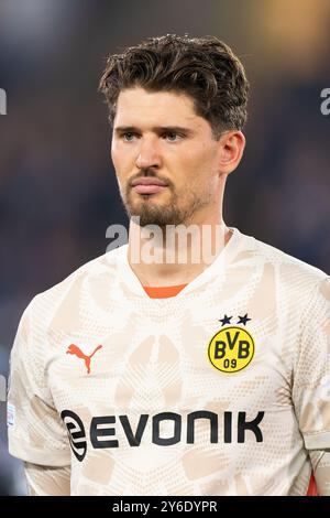 BRÜGGE, BELGIEN - 18. SEPTEMBER: Gregor Kobel von Borussia Dortmund beim Spiel der UEFA Champions League 2024/25 Phase MD1 zwischen Club Brugge KV und Borussia Dortmund im Jan Breydelstadion am 18. September 2024 in Brügge. (Foto: Joris Verwijst/BSR Agency) Stockfoto