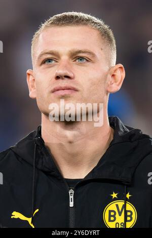 BRÜGGE, BELGIEN - 18. SEPTEMBER: Julian Ryerson von Borussia Dortmund beim Spiel der UEFA Champions League 2024/25 Phase MD1 zwischen Club Brugge KV und Borussia Dortmund im Jan Breydelstadion am 18. September 2024 in Brügge. (Foto: Joris Verwijst/BSR Agency) Stockfoto