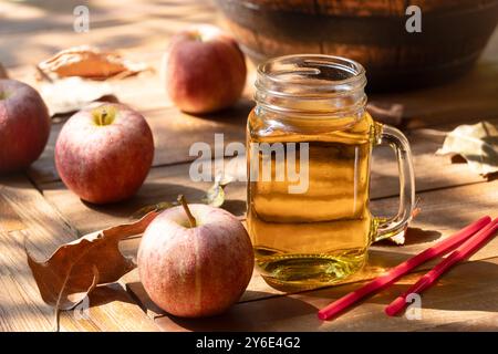 Glas Apfelwein draußen auf Holztisch mit roten Äpfeln und Herbstblättern Stockfoto