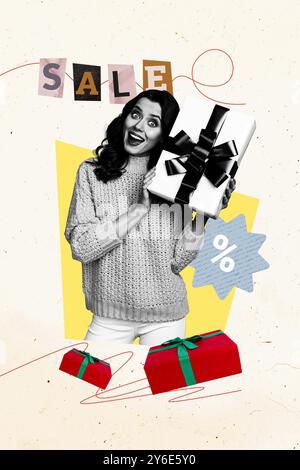 Trend Kunstwerk Skizze Collage von Rabatt Angebot Preis schwarz freitag Verkauf junge Dame Lächeln Gesicht Hand halten Geschenkbox Geschenk Feiertag feiern Stockfoto