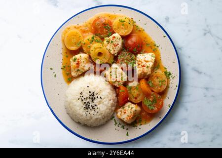 Weißfischeintopf mit Lauch und Kirschtomaten, serviert mit Reis. Tisch mit Draufsicht und Dekoration. Stockfoto