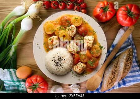 Weißfischeintopf mit Lauch und Kirschtomaten, serviert mit Reis. Tisch mit Draufsicht und Dekoration. Stockfoto