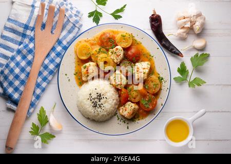 Weißfischeintopf mit Lauch und Kirschtomaten, serviert mit Reis. Tisch mit Draufsicht und Dekoration. Stockfoto