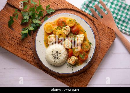 Weißfischeintopf mit Lauch und Kirschtomaten, serviert mit Reis. Tisch mit Draufsicht und Dekoration. Stockfoto