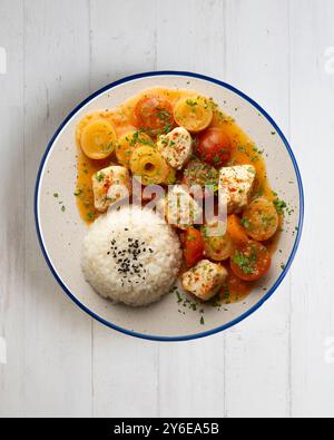 Weißfischeintopf mit Lauch und Kirschtomaten, serviert mit Reis. Tisch mit Draufsicht und Dekoration. Stockfoto