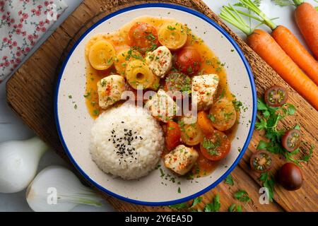 Weißfischeintopf mit Lauch und Kirschtomaten, serviert mit Reis. Tisch mit Draufsicht und Dekoration. Stockfoto