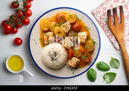 Weißfischeintopf mit Lauch und Kirschtomaten, serviert mit Reis. Tisch mit Draufsicht und Dekoration. Stockfoto