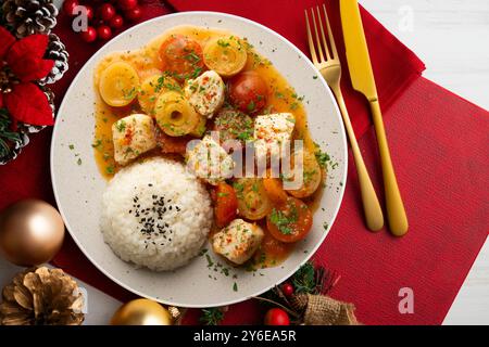 Weißfischeintopf mit Lauch und Kirschtomaten, serviert mit Reis. Tisch mit Panoramablick und Weihnachtsdekoration. Stockfoto