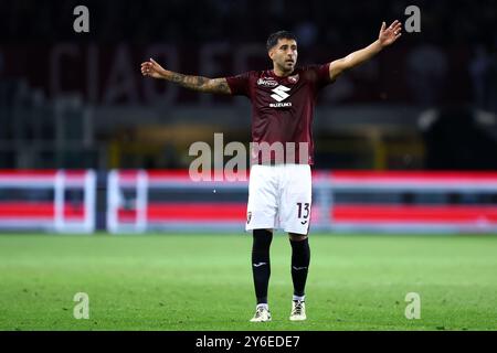 Turin, Italien. September 2024. Guillermo Maripan von Torino FC Gesten beim Achtelfinale der Coppa Italia zwischen Torino FC und Empoli FC im Stadio Olimpico am 24. September 2024 in Turin. Quelle: Marco Canoniero/Alamy Live News Stockfoto