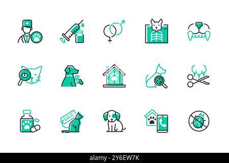 Veterinär- und Tierpflege – Set mit Ikonen im Liniendesign Stock Vektor