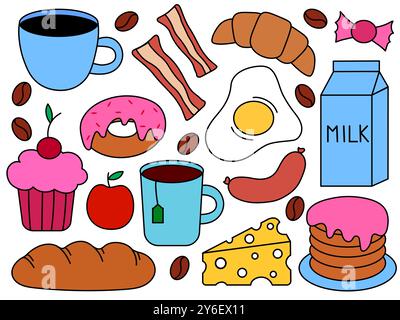 Frühstück und Vormittagselemente. Essen und Trinken. Vektor handgezeichnet flache Illustration. Stock Vektor