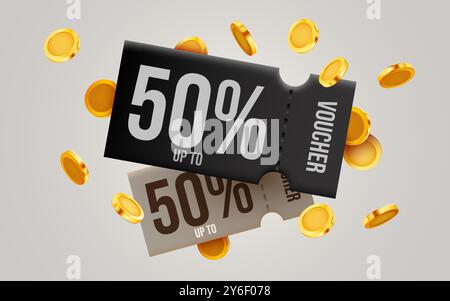 3d Coupons mit goldenen Münzen. Sondergeschenk mit Coupons oder Gutscheinen, Rabatt in Prozent. Geschenkgutschein und Vorlage für goldene Münzzeichen. 3D-Vektordarstellung Stock Vektor