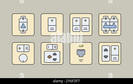 Flache, minimalistische Abbildung von elektrischen Schaltern, Platinen, Schaltkreisen, Steckdosen und Reglern Stock Vektor