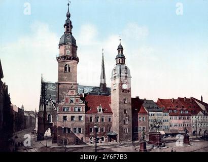 das Rathaus und die drei Denkmäler. Graf Otto von Bismarck Kaiser Wilhelm I., und Generalfeldmarschall von Moltke, auf dem Marktplatz, Chemnitz, Deutschland, 1890 historisch, digital restaurierte Reproduktion von einer Vorlage aus dem 19. Jahrhundert, Datum nicht angegeben Stockfoto