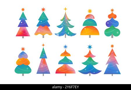 Moderne Weihnachtsbaumkollektion. Moderner Stil, Farbverlauf, minimalistische Bäume. Farbenfrohes, lebendiges Konzept Stock Vektor