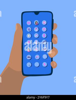 Eine Person hält ein mobiles Gerät mit verschiedenen Symbolen für eine FruchtbarkeitsApp, während sie ihre Funktionen in einer entspannten Umgebung erforscht Stock Vektor