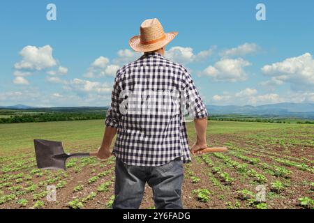 Rückansicht eines Bauern, der eine Plantage betrachtet und eine Schaufel hält Stockfoto
