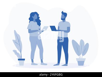 Illustration eines Mannes und einer Frau, die Laptops halten, stehen und über die Arbeit diskutieren, umgeben von Topfpflanzen, auf hellem Hintergrund. Konzept der Teamarbeit Stock Vektor