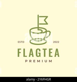 Teeglas Tasse Getränk mit Flagge Entspannungslinie Stil einfache Hipster farbige Vintage Logo Design Vektor Icon Illustration Stock Vektor