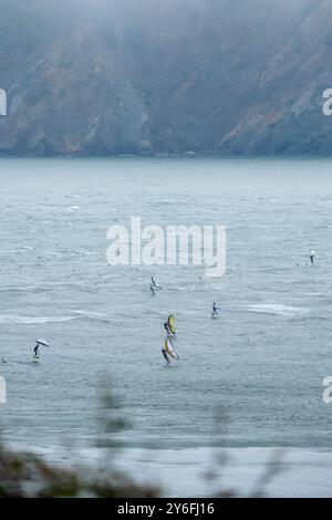 San Francisco, CA, USA - September 2024 - Wing Surfer und Foiling unter der Golden Gate Bridge Stockfoto