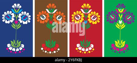 Ein Blumendesign im Retro-Stil der 70er Jahre mit einer Vielzahl lebhafter und nostalgischer Farbkombinationen. Kann einzeln oder in einem Muster verwendet werden. Stock Vektor