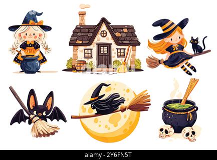 Großes Set an Halloween Cliparts. Vektorillustrationen in flachem, modernem Stil. Cartoon Aquarell Hexen Clipart. Stock Vektor