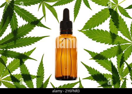 Draufsicht einer braunen Glasflasche, gefüllt mit CBD oder ätherischem Hanföl, Hanftinktur auf weißem Hintergrund mit Hanfblättern Stockfoto