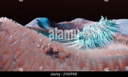 Peritreiche Bakterien mit viel Flagellum, schädlicher Bazillus mit langen Schwänzen, Prokaryote, Viren Probiotika und Erreger, H. pylori, Mikrobenflagell Stockfoto