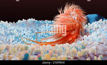 Peritreiche Bakterien mit viel Flagellum, schädlicher Bazillus mit langen Schwänzen, Prokaryote, Viren Probiotika und Erreger, H. pylori, Mikrobenflagell Stockfoto