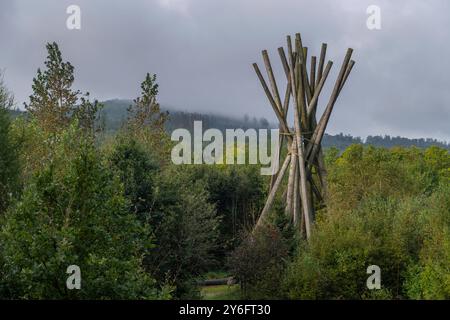 Das Kyrill-Tor auf dem Rothaarsteig im Bürgerwald Brilon in Nordrhein-Werstfalen. Im Jahr 2007 richtet der Orkan Kyrill riesige Schäden in den Wäldern an. Jeder zweite zerstörte Baum in Deutschland steht im Rothaargebirge. Das Denkmal besteht aus 14 massiven Fichtenstämmen. Der 154 km lange Premiumwanderweg Rothaarsteig beginnt bzw. Endet in Brilon oder Dillenburg. *** Das Kyrill-Tor auf dem Rothaarsteig im Brilon Bürgerwald in Nordrhein-Westfalen im Jahr 2007 verursachte der Hurrikan Kyrill große Schäden an den Wäldern jeder zweite in Deutschland zerstörte Baum lag im Rothaargebirge T Stockfoto