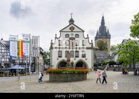 Der Petrusbrunnen auf dem Marktplatz in Brilon Hochsauerlandkreis in Nordrhein-Werstfalen. Hinter dem Brunnen das Rathaus und die Kirche St. Petrus und Andreas. Der 154 km lange Premiumwanderweg Rothaarsteig beginnt bzw. Endet in Brilon oder Dillenburg. *** Der Petrusbrunnen-Brunnen auf dem Marktplatz im Brilon Hochsauerlandkreis in Nordrhein-Westfalen hinter dem Brunnen befindet sich das Rathaus und die Kirche St. Peter und St. Andreas der 154 Kilometer lange Premium-Wanderweg Rothaarsteig beginnt oder endet in Brilon oder Dillenburg Stockfoto