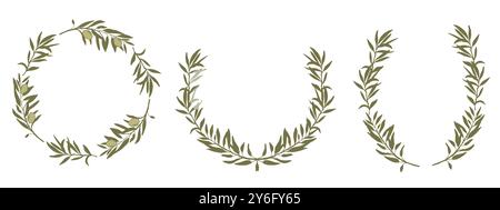 Satz von Olivenkränzen. Hand gezeichnete farbige Vektor isolierte botanische Illustration. Kann für Karten, Embleme, Logos und Lebensmitteldesign verwendet werden. Stock Vektor