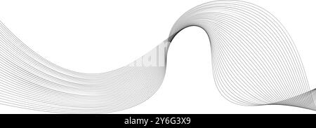 Eine abstrakte Komposition zeigt eine Reihe von fließenden Linien, die ein dynamisches wellenförmiges Muster erzeugen. Das Design betont Bewegung und Fließfähigkeit in einem minimalistischen Stil Stock Vektor