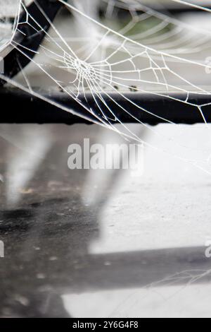 Ein aufgehängtes Spinnennetz auf dem Dachträger eines Autos, das von einem morgendlichen Winterfrost hervorgehoben wird, was ein eher abstraktes Bild ergibt. Stockfoto