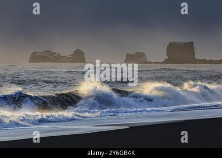 Schneebedeckter Strand, Wellen, Wind, dunkle Wolken, Winter, leichte Stimmung, Felsen, Dyrholaey, Vik, Island, Europa Stockfoto