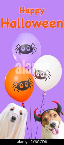 Vertikale Collage mit lustigen Hunden in Halloween-Kostümen und Weihnachtsballons. Stockfoto