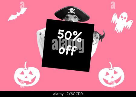 Collage mit niedlichen Hunden in gruseligen Halloween Kostümen und mit Platz für Text für den Weihnachtsverkauf. Stockfoto