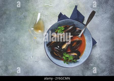 Lebensmittelfotografie, Fra Diavolo Muscheln, Muscheln in Tomatensauce, italienisches Gericht, mit einem Glas Wein, auf dem Tisch, Blick von oben, hausgemacht, keine Leute Stockfoto