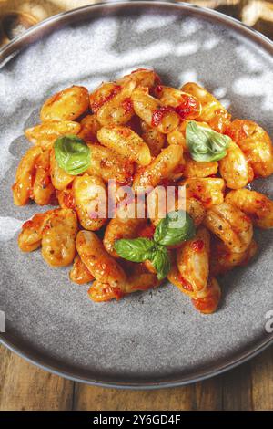 Lebensmittelfotografie, Nahaufnahme von italienischen Kartoffel-Gnocchi mit Tomatensauce und frischem Basilikum auf grauer Platte auf hölzernem Hintergrund Stockfoto